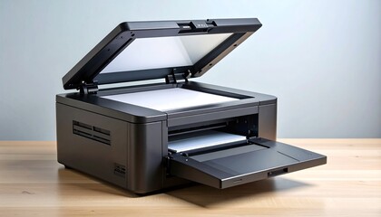Compact multifunction printer showcasing scanning and printing features on a wooden desk in a bright workspace