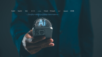 A person in a suit holds a smartphone displaying an AI interface, symbolizing technology and communication advancements.