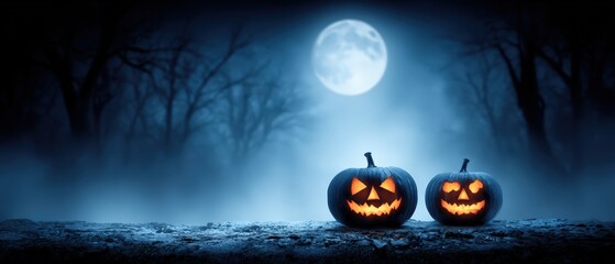 Spooky Halloween night scene with two illuminated carved pumpkins glowing under full moon in dark forest landscape