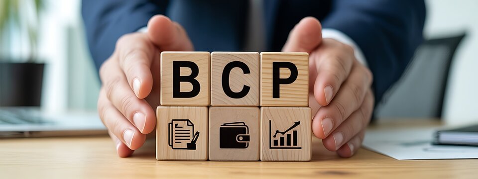 Business continuity planning bcp acronym represented by wooden blocks with icons and letters illustration