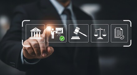 Businessman interacting with digital screen legal and business icons