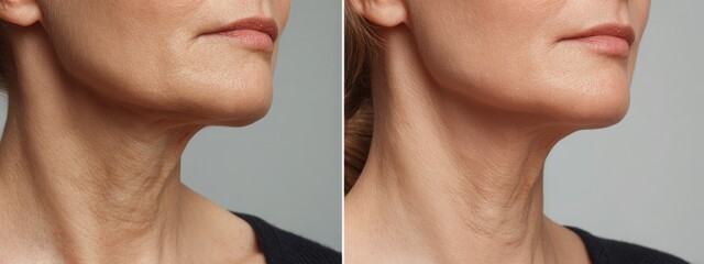 Double chin, skin rejuvenation on the neck, before after anti aging concept