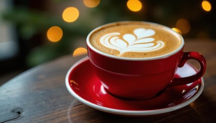 Christmas cappuccino; Santa latte art Warm holiday beverage , food, cozy, santa