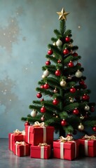 Christmas tree, gift pile, concrete wall backdrop, decoration, concrete