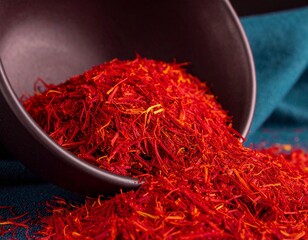 Vibrant Saffron Threads Spill from a Dark Bowl on a Textured Blue Surface, Highlighting the Spice's Rich Color and Culinary Use