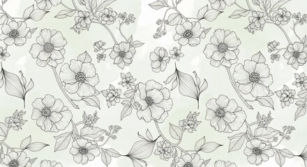 Elegant Botanical Line Art of Anemone Flowers in a Seamless Repeating Vine Pattern.