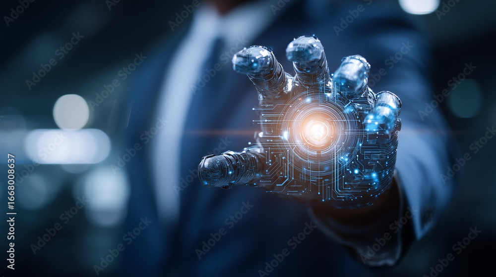 Poster businessman with robotic hand and digital interface – ai technology. close-up of a businessman’s rob