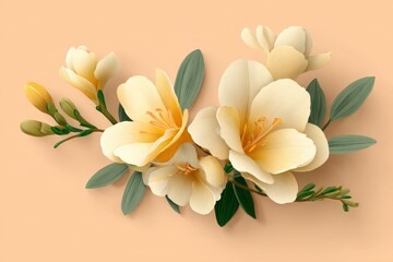 Fototapeta premium A delicate arrangement of pastel yellow and cream flowers with soft green leaves sits gracefully against a warm peach background.