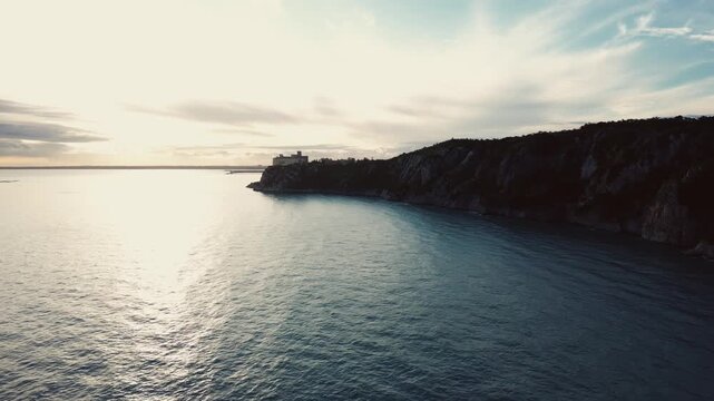 Stunning drone footage of Castello di Duino, castle on the sea shore, 4k