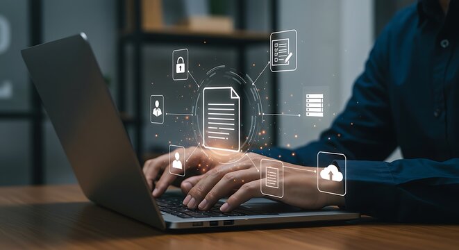 Man using laptop with digital document management system concept