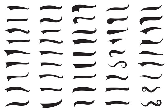 Vector black sport tails. Swoosh silhouette elements for baseball, football or athletics lettering. Baseball swoosh text tails. Sports underline curly shapes set. Swirl lines, swish or swash shapes.