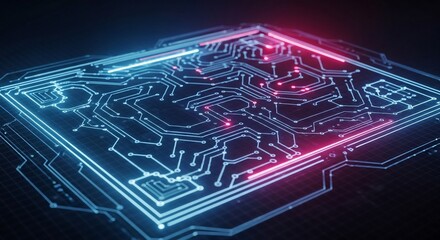 Luminous Microchip with Pulsing Blue and Red Data Streams on a Digital Grid.