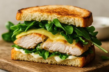 Grilled Chicken and Cheese Sandwich with Arugula on Toasted Bread