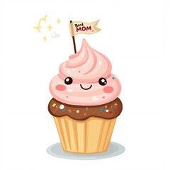 Cute cupcake with smiling face and "Best Mom" flag, playful design, joyful dessert illustration, celebration concept