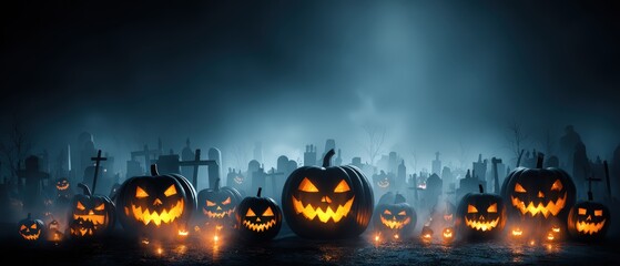 Spooky Halloween scene featu illuminated carved pumpkins glowing in ghoulish night with eerie fog and haunted graveyard background