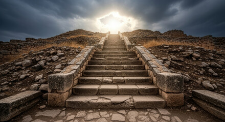Steep stone stairs with ancient ruins leading up a hill towards a bright, glowing sky with dramatic and dark clouds