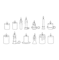Sketch of Candles. Hand drawn vector illustration with candlelight in doodle style for Christmas or birthday design. Simple contour drawing for icon or logo. Black line on white isolated background Se