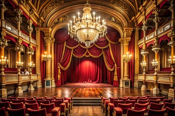 Obraz premium A majestic theater interior with red velvet curtains, a grand chandelier, and ornate golden details, creating a luxurious and classic atmosphere for a show