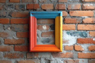 Colorful frame hanging on a brick wall with blue orange red and yellow colors in a vertical position