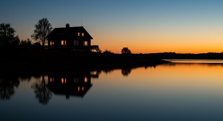 Fototapeta premium A silhouette of a house on a shoreline with lights on reflecting on the water Sunset sky