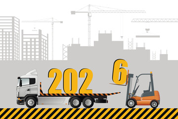 New Year card, 2026. Forklift truck loads Christmas figurines into the truck.