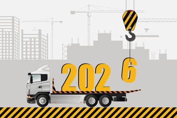 New Year's card, 2026. A crane is loading a truck with Christmas figurines.