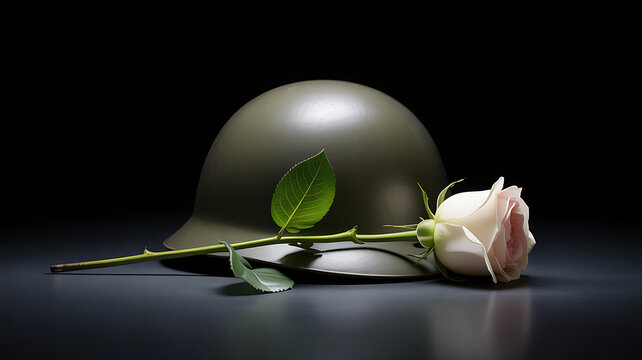 Poignant image of a military helmet resting beside a delicate white rose symbolizing remembrance peace and the solemn tribute to fallen soldiers on memorial day