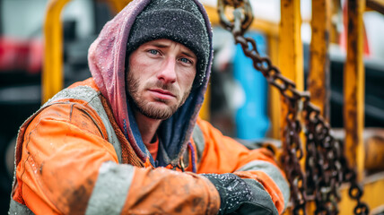 Resilient worker pauses during a tough job, weathering the elements with a stoic expression and weathered gear.