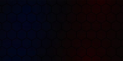 Dark red and blue hexagon abstract technology background with red and blue colored bright flashes under hexagon. Hexagonal gaming vector abstract tech background.