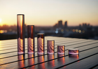 Decreasing bar chart made of six clear glass cylinders with a glowing effect on a wooden table with a blurred city skyline at sunset