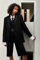 Confident young woman showcases modern elegance in tailored business attire