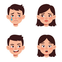 Cartoon Faces Expressing Diverse Emotions Crying Boy Worried Girl Happy Boy Surprised Girl.