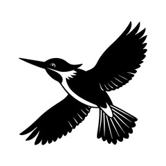 A stylized black and white illustration of a bird in mid flight pose