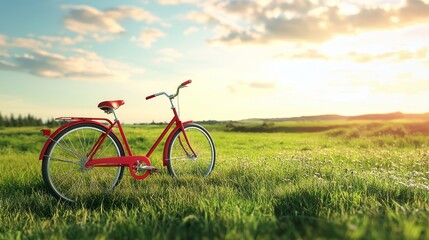 Fototapeta premium Red bicycle standing on green meadow