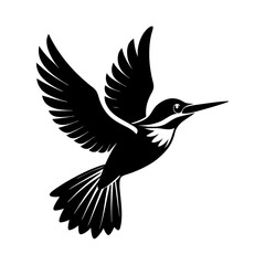 Illustration of a hummingbird flying with wings spread in black and white