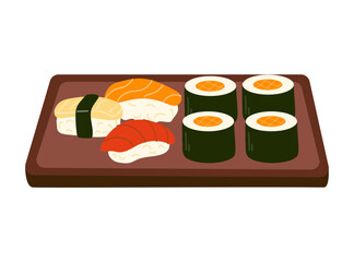 Delicious sushi platter featuring various types of sushi on a wooden serving tray