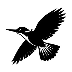A silhouette of a kingfisher bird flying with wings spread widely open