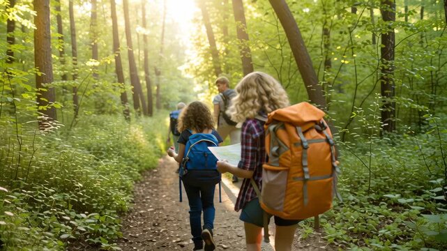 Family camping trip summer vacation fun hiking adventure in forest with backpacks map sunny day outdoor exploration