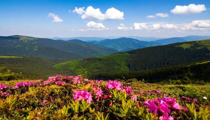 Fototapeta premium A vibrant panorama showcases a mountain landscape dotted with pink rhododendrons, bathed in sunlight, and featuring lush green forests and rolling hills beneath a clear, partly cloudy sky.