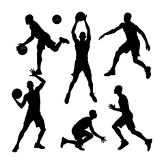 Silhouette illustration of basketball players in various action poses