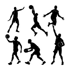 Silhouetted basketball players in various action poses on white backdrop