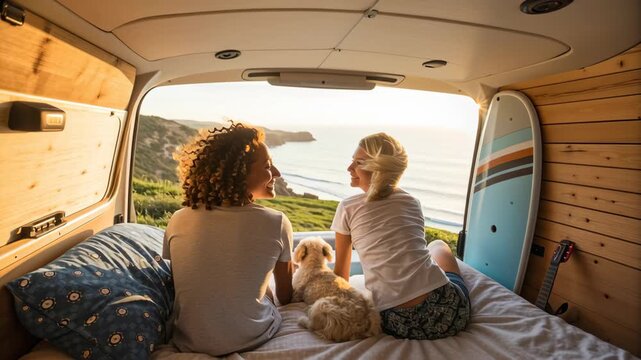 Family camping trip summer vacation by ocean with fun moments inside cozy camper van enjoying pet dog and watching sunset from bed