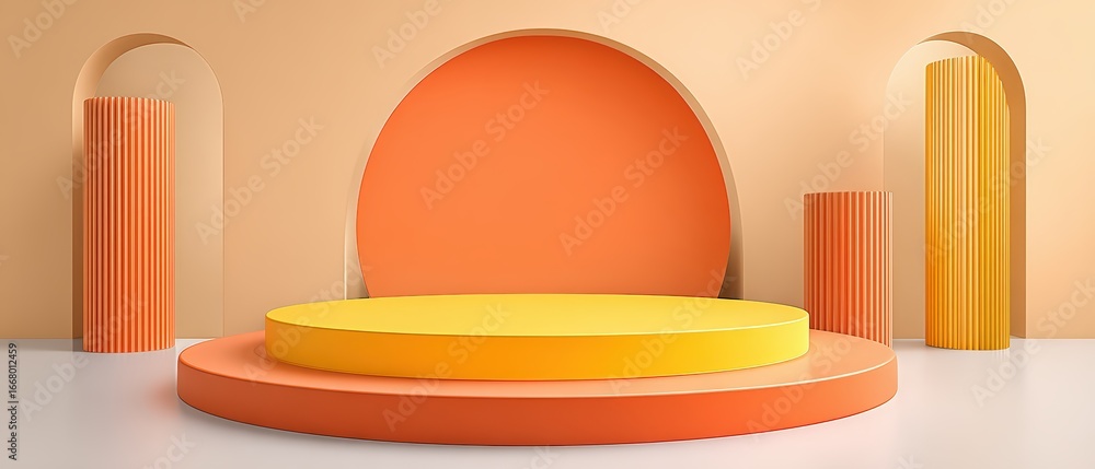 Poster Vibrant Modern Photography Studio Scene with Circular Platform Abstract Background for Creative Display