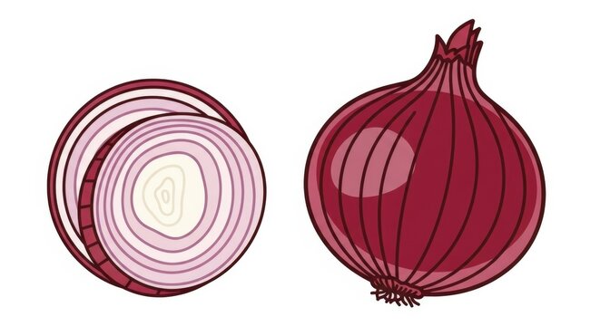 Cartoon illustration of a red onion and its sliced section. - Powered by Adobe