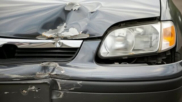 Damaged Car Front: Close Up of Dented Hood and Bumper After Accident
