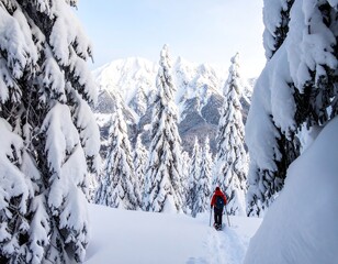 Winter snowshoeing scene in a snowy forest
