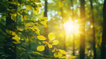 Sun peaking through forest branches, flaring into the camera, sunny spring day in deciduous woods