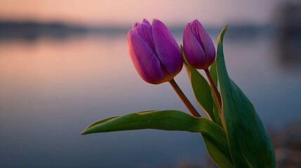 Naklejka premium Purple tulips bloom near water with blurred sunset, suitable for cards, and romantic content