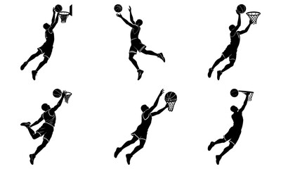 Silhouettes of basketball players in action performing slam dunks shots