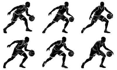 Silhouettes of basketball players dribbling the ball in various poses